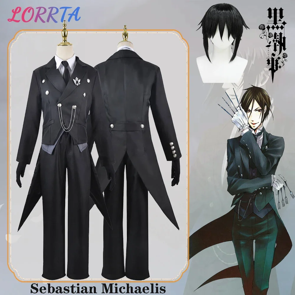 Sebastian Michaelis Cosplay Anime Black Butler Sebastian Michaelis Wig Black Swallowtail Suit With Gloves Halloween Outfits Men