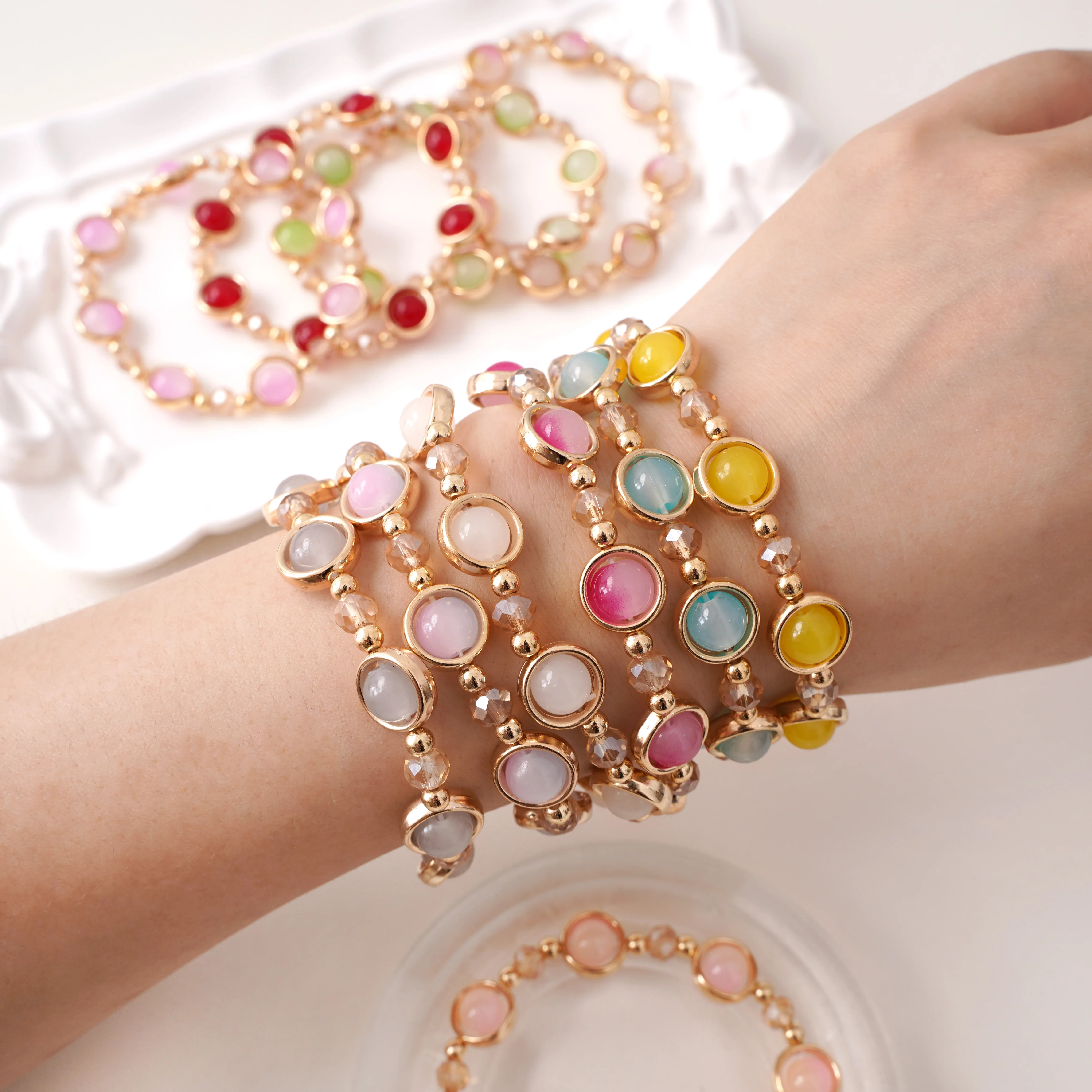 

1pc Gradient Color Round Crystal Glass Beads Bracelet For Women Girls Handmade Colorful Beaded Bracelets Fashion Jewelry Gifts