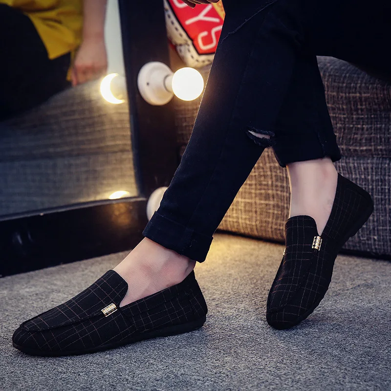 Men Shoes Fashion Loafers Breathable Canvas Sneakers Men Slip-On Casual Shoes Soft Comfortable Non-slip Driving Flats Black Gray