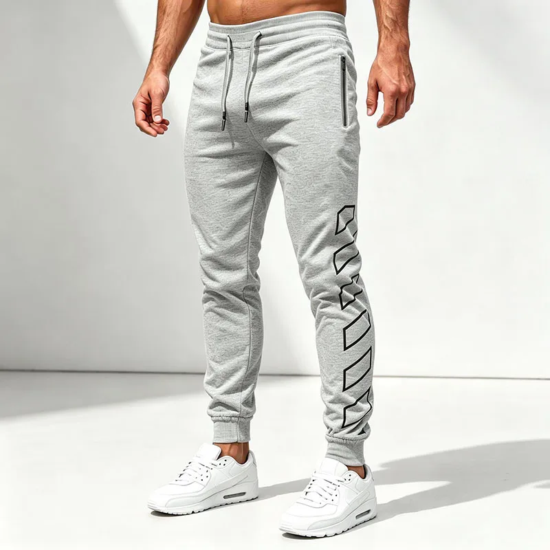 Men Thin Light Sports Jogger Cuff Pants Drawstring Waist Zipper Pockets Print Running Gym Daily Workout Walking Trousers