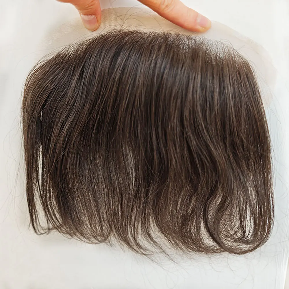 Human Hair Frontal Hairline Replacement System V-Loop Topper with Natural Hairpiece For Men Swiss Lace 1.57x7.08inch Dark Brown