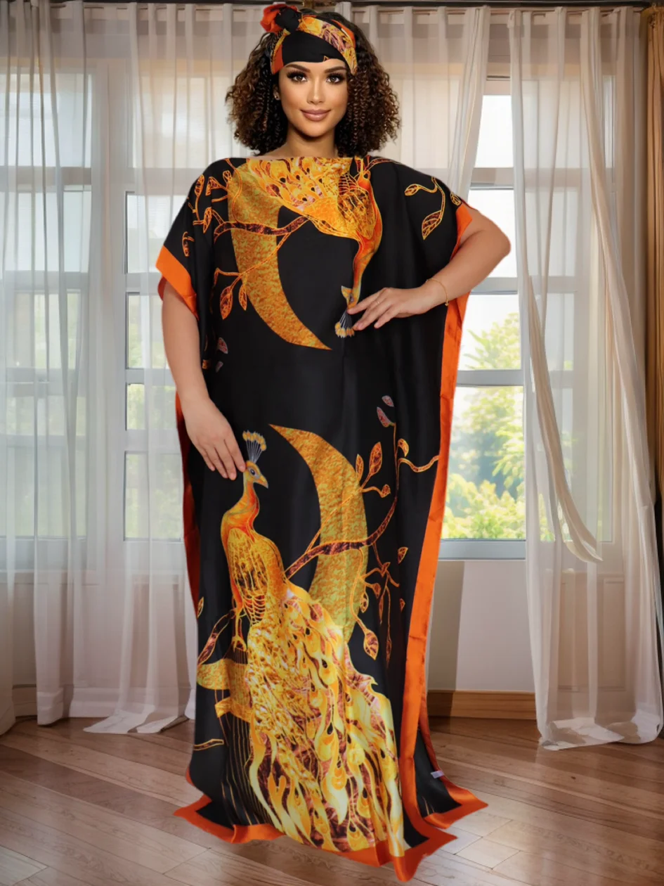 マキシ丈カラーブロック花柄ダシキドレス - アフリカンプリントフロアレングスガウン