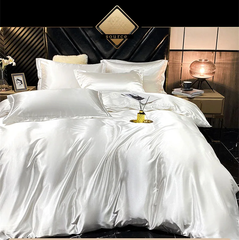 

Luxury Mulberry Silk-blending Bedding Set Solid Color Silky High-end Queen Size Duvet Cover Set with Fitted Sheet Bedding Sets