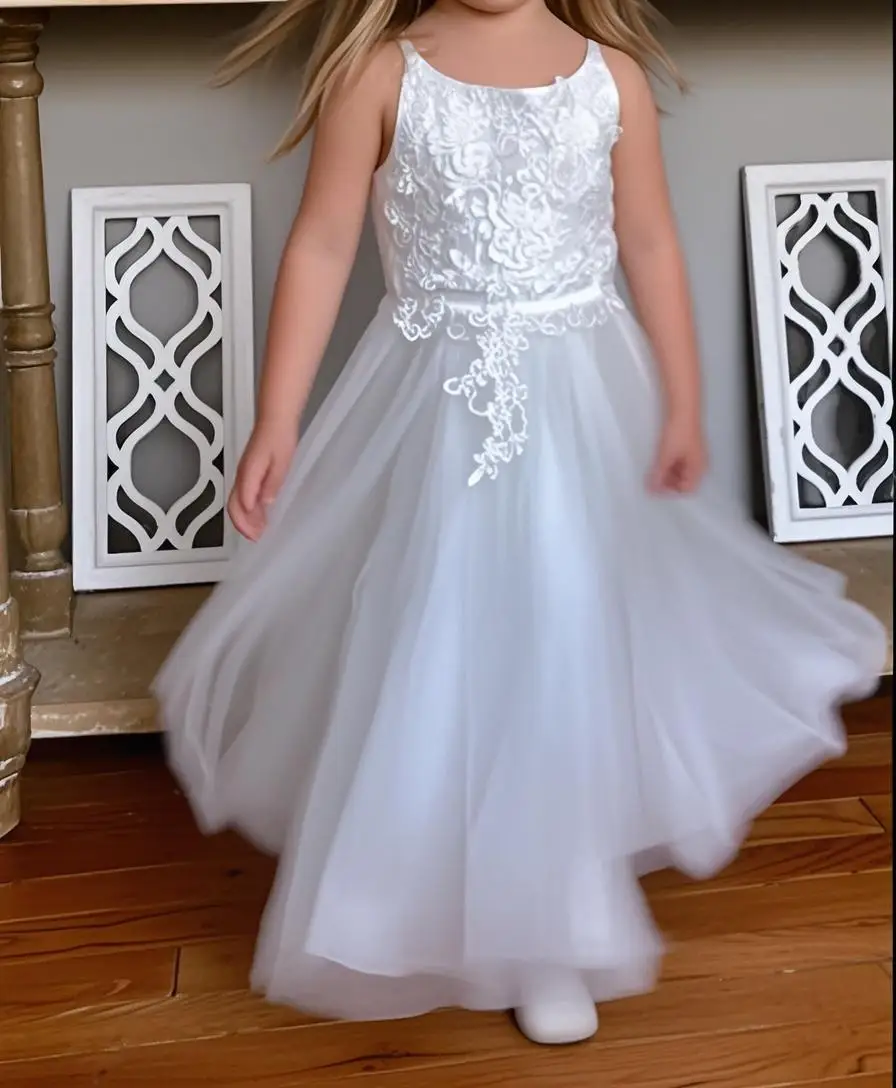 

Elegant Flower Girl Wedding Dress Appliques Lace with Bow Sleeveless First Communion Dress KidsPageant Ball Birthday Party Gown