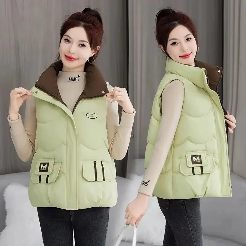 

Autumn Winter Down Cotton Vest Jacket Women Korean Sleeveless Stand Collar Thicken Warm Parkas Waistcoat Coat Female short Tops