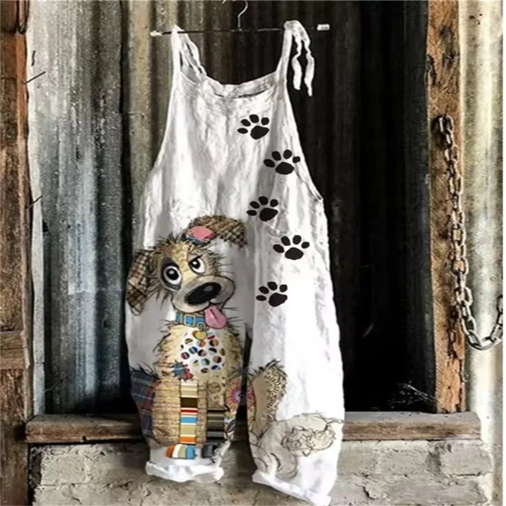 2025 Summer Women's Daily Breathable One-Piece Pants, 3D Pink Dog Print, Fashionable and Cute Loose One-Piece Pants