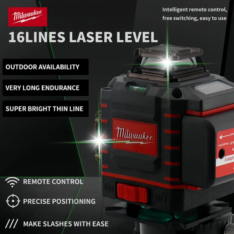 Milwaukee 4 côtés * 360 degrés Vertical 4.2 V 3-4D niveau Laser 16 lignes auto-nivelant ligne transversale verticale Lase niveaux Laser vert