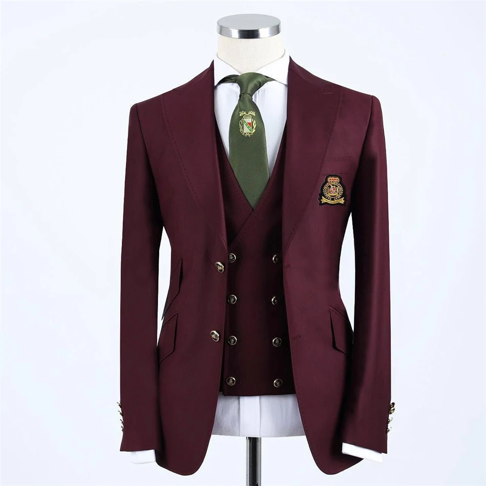 Classic Burgundy Full Men's Suit for Wedding Party 3pcs Blazer Vest Pants Business Wear Formal Tuxedo Costume homme