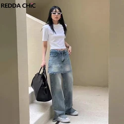 ReddaChic Wrap-around Split Wide Leg Denim Pants Women Patchwork Vintage Raw Edge Whiskers High Rise Baggy Jeans Korean Clothes