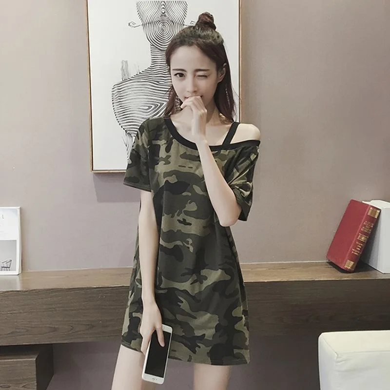 DAYIFUN Women's Camouflage T-shirt Dress Summer Korean Loose Sexy Off-the-shoulder Halter Tshirts Long Short Sleeves Casual Tops