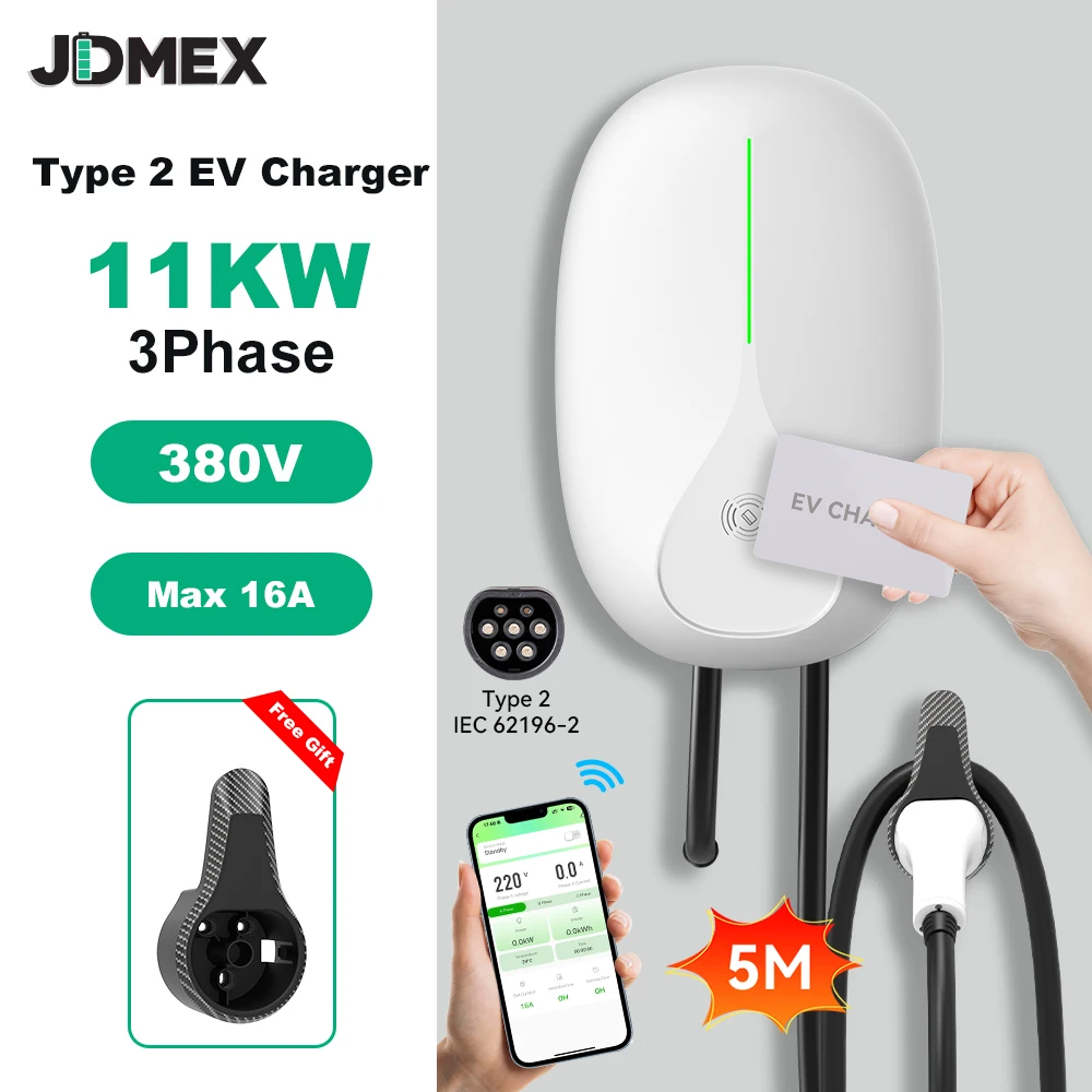 

Зарядная станция JDMEX Type2 для электромобилей, 11 кВт, настенная, 16А, 3 фазы, быстрая зарядка, зарядное устройство для электромобилей, кабель 5 м, управление через приложение