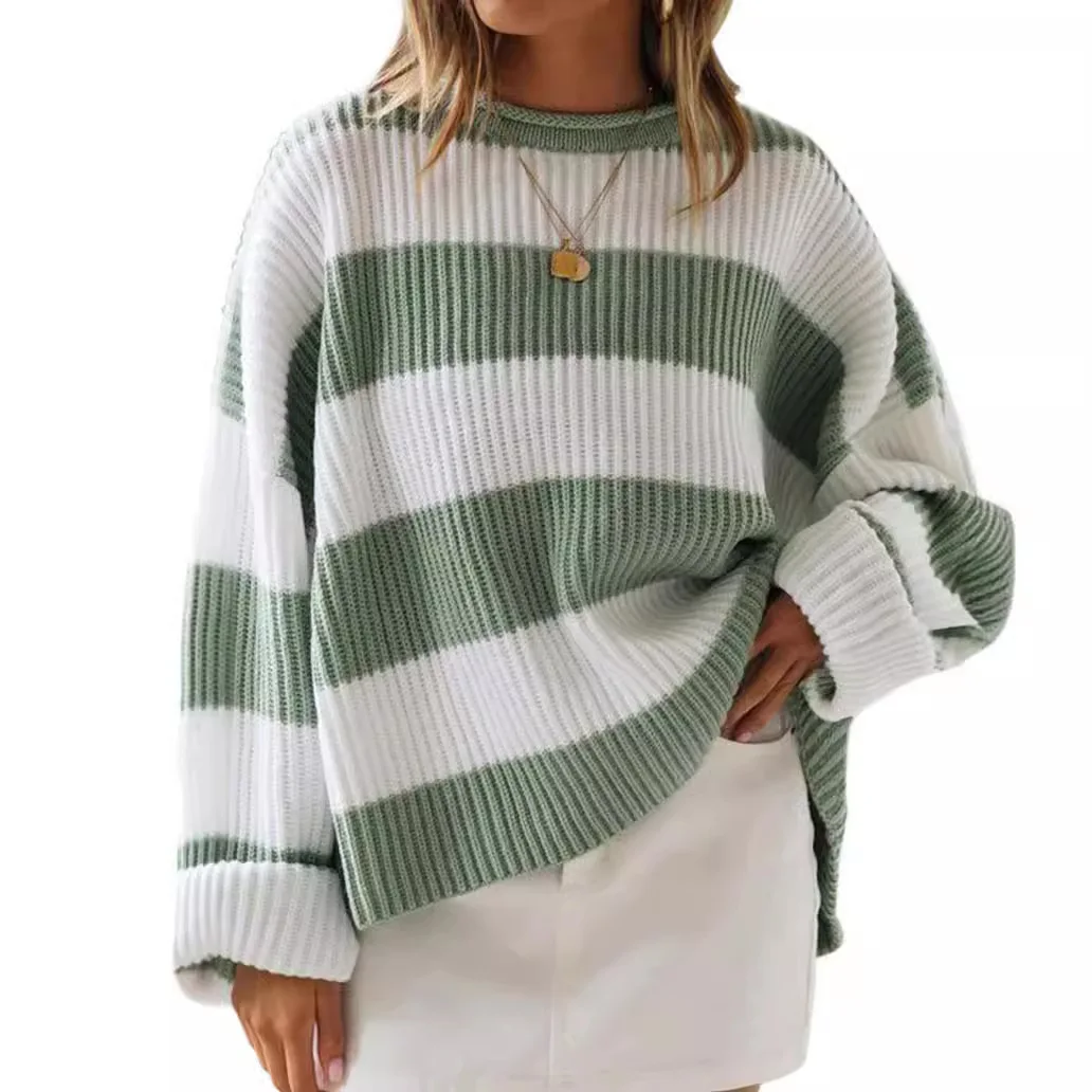 

2025 Striped Printed Round Neck Long Sleeve Sweater For Women Fashion Casual Pullover For Women Loose Style Ribbed Cuff Sweater