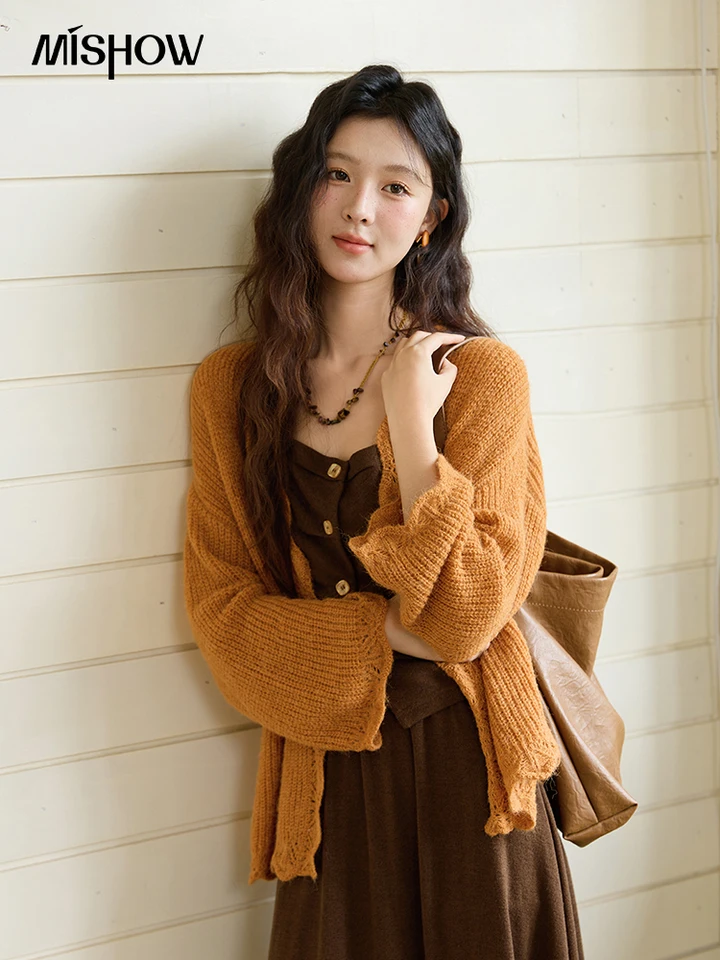 MISHOW Pumpkin Knitted Cardigan for Women Autumn 2025 Loose Wavy