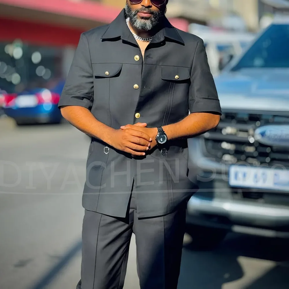 

Men Suit Chic Short Sleeve Single Breasted Blazer with Pants 2 Piece Set Formal Business Wedding Party Casual Luxury Male Suit