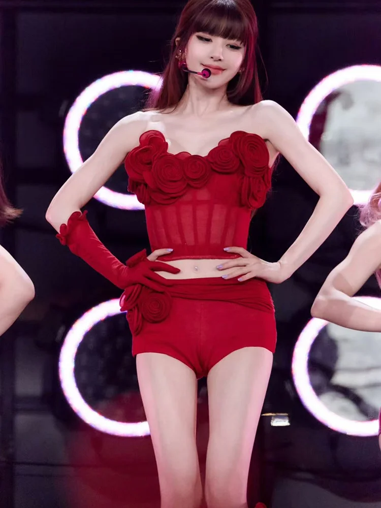 Zhaolu Si Concert Red 3D Flower See-through Crop Top Shoulder-baring Slim-fit Shorts Hot Girl Outfit Stage Performance Wear