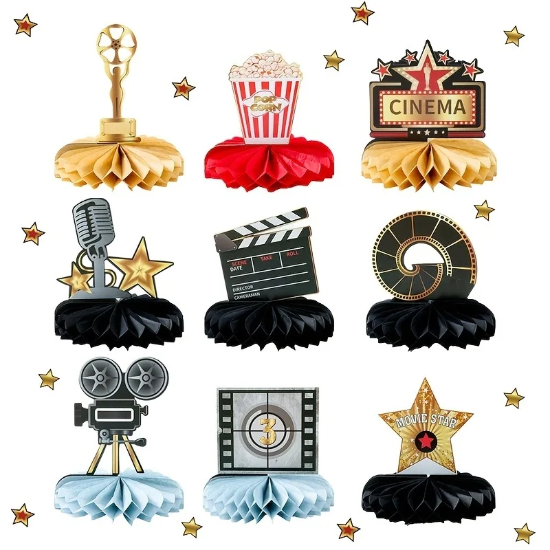 9 centros de mesa de panal de abeja con temática de cine de Hollywood, 9 piezas de decoración de mesa con temática de cine con tablero de sonajero de palomitas de maíz para fiesta de Oscar