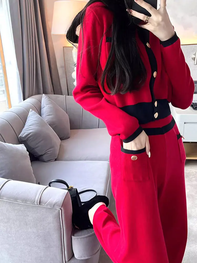 Fashion Commuter Knitted Suit Women 23 Autumn Winter O-Neck Pocket Gold Button Long Sleeve Cardigan+Wide Leg Pants Two-Piece Set