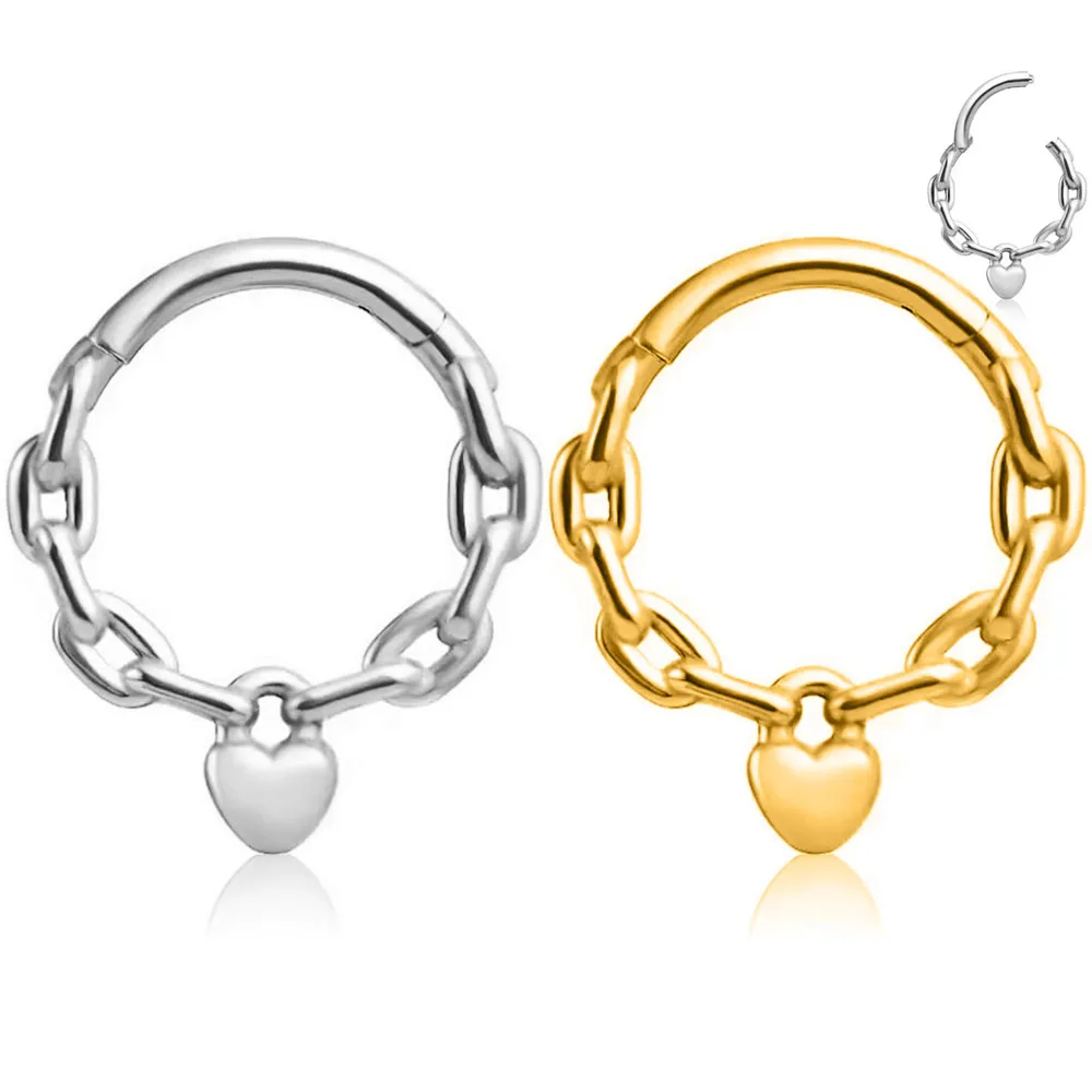

Moon Heart Hinged Septum Piercing Helix Chain Daith Conch Hoop Earring Clicker Segment Nose Rings for Women Men 16G