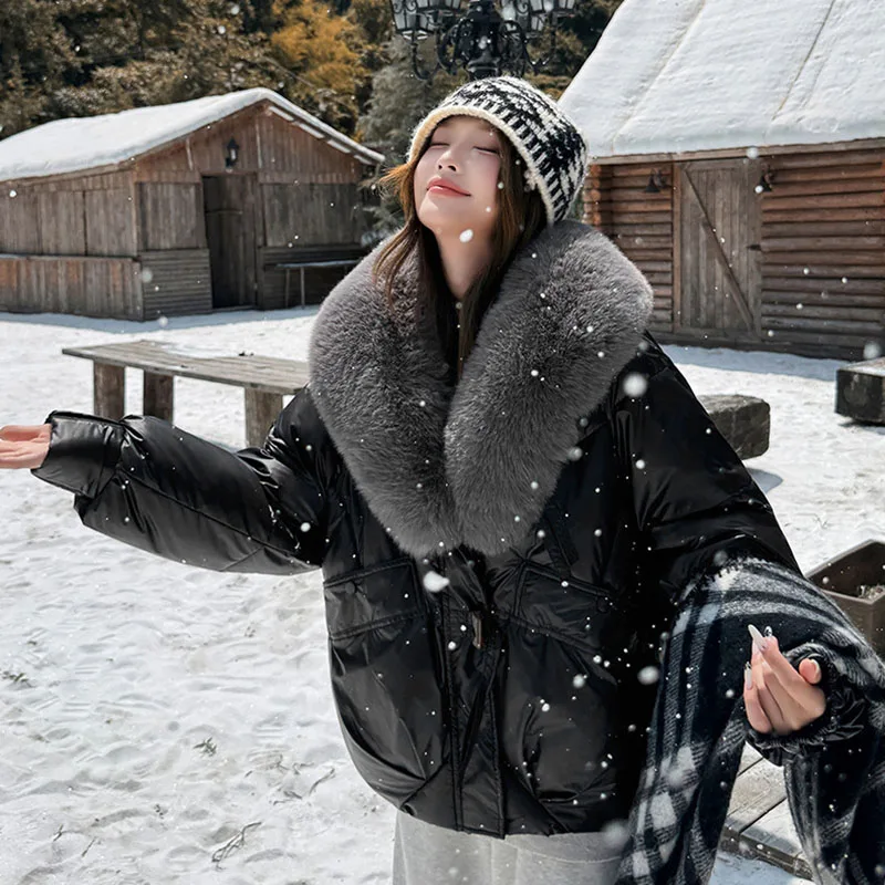 Damska kurtka zimowa z dużym futrzanym kołnierzem, puchowa kurtka damska, krótka, gruba, modna kurtka damska bawełniana JJ1143