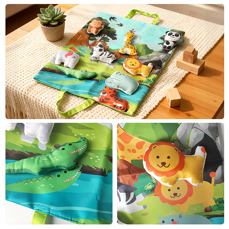 10PCS Animals felt play toy, 9 soft animals toys with game pad storage bags, colorful puzzle toy set