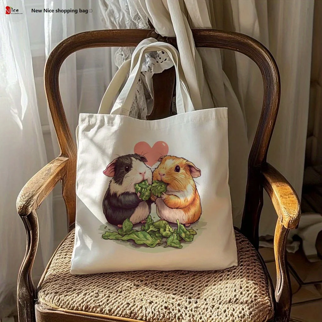 A Super cute guinea pig and green vegetable pattern print canvas tote bag, suitable for daily use, shopping, school, and travel
