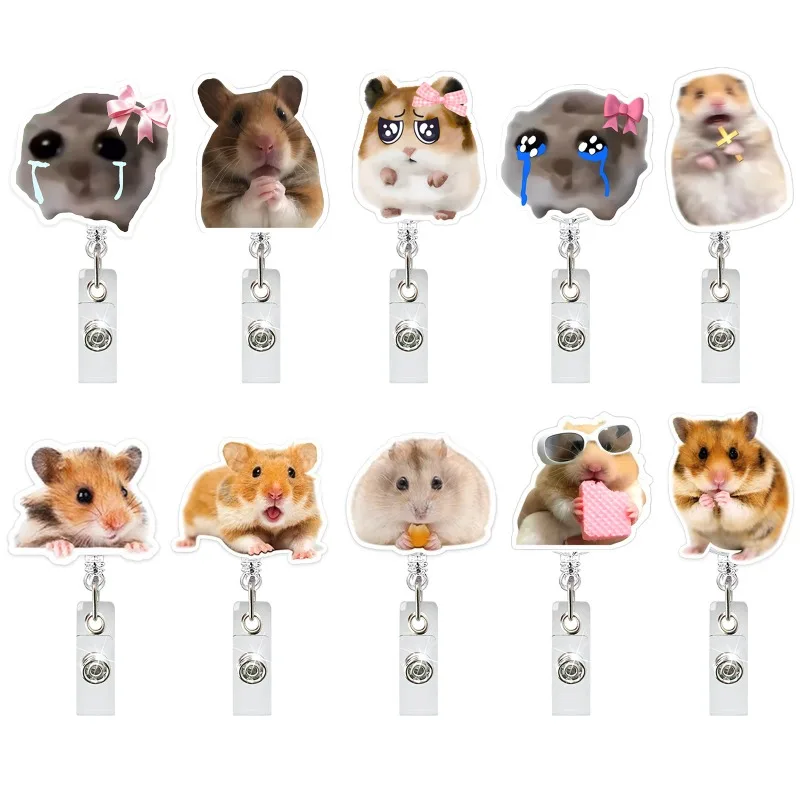 Cute Funny Hamster Acrylic Badge Reel Retractable Alligator Clip ID Card Holder for Nurse Doctor Office Worker Teacher Student