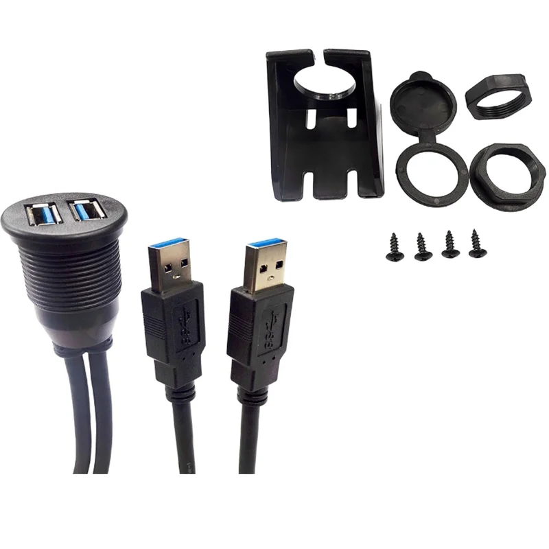 2 Ports Dual USB 3.0 Male to USB 3.0 Female AUX Flush Mount Car Mount Extension Cable for Car Truck Boat Motorcycle Dashboard