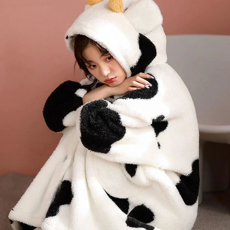 Cow Women Fleece Pajamas Winter Robes Home Clothe Flannel Pant Sleepwear Split Set Cartoon Animal Thick Couple Hooded Nightgown