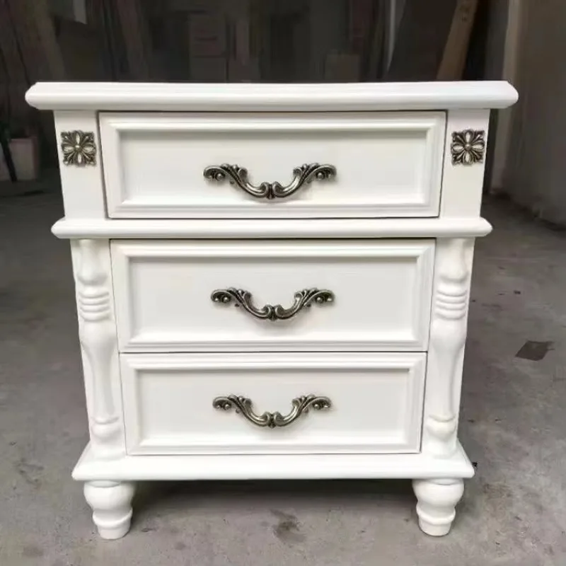 American Country Style Solid Wood Slate Top Nightstand Three Drawers Bedroom Living Room Carved Retro Storage