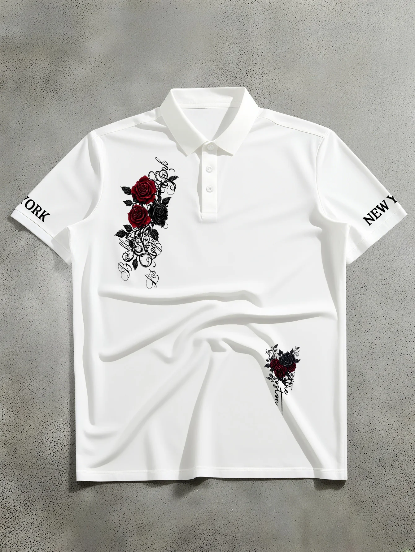 New unisex short sleeved polo shirt with American dark gothic style, featuring red and black rose printed polo shirt