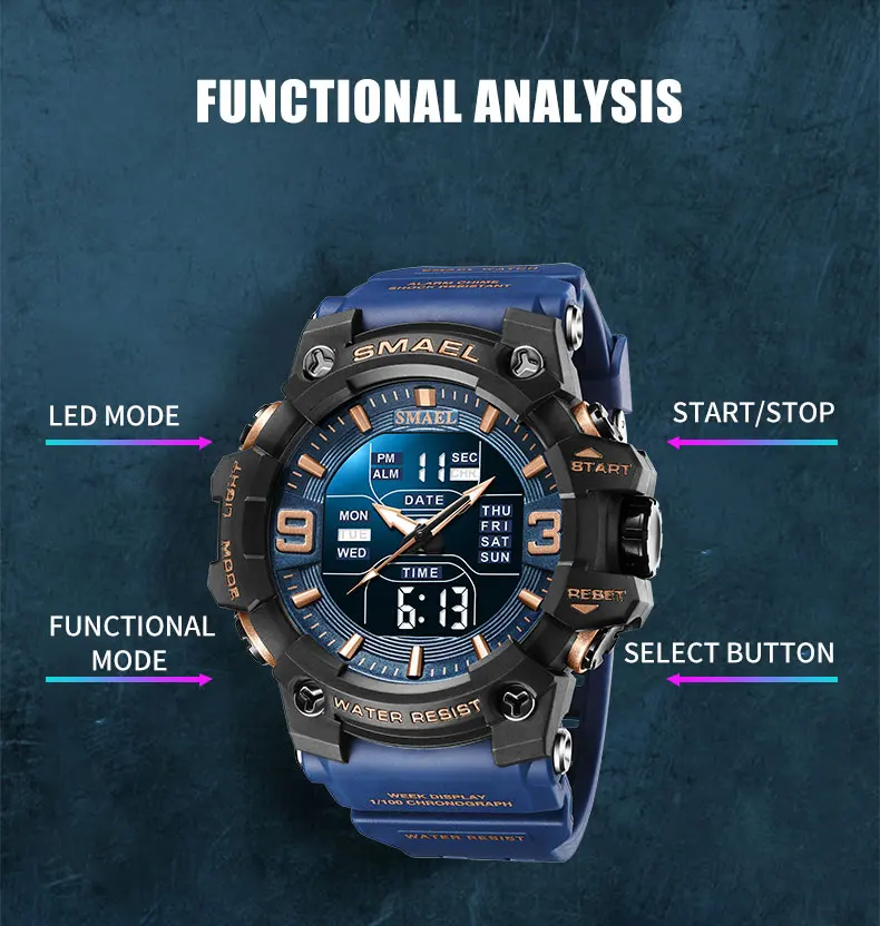 SMAEL 8049 Watch Sport LED Light Alarm Clock Dual Time Display WaterproofWeek Auto Date Wristwatches Quartz S2a967e45613345aebaa95cd9e4c74924K