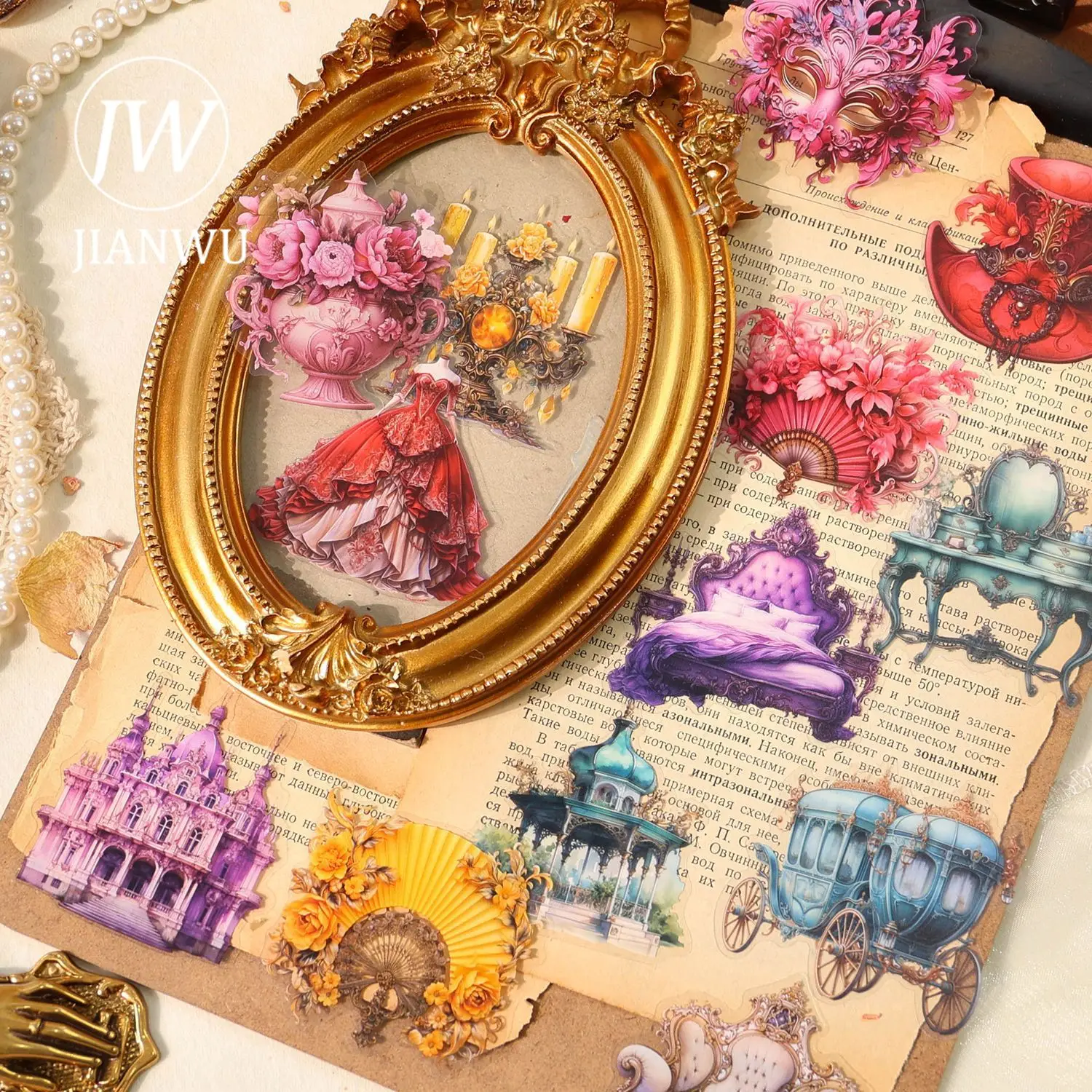 

Набор наклеек JIANWU Baroque Ball Series: винтажные цветы и пейзажи, коллаж из материалов, PET-стикеры для скрапбукинга, креативные DIY-наклейки для дневников и канцелярских товаров