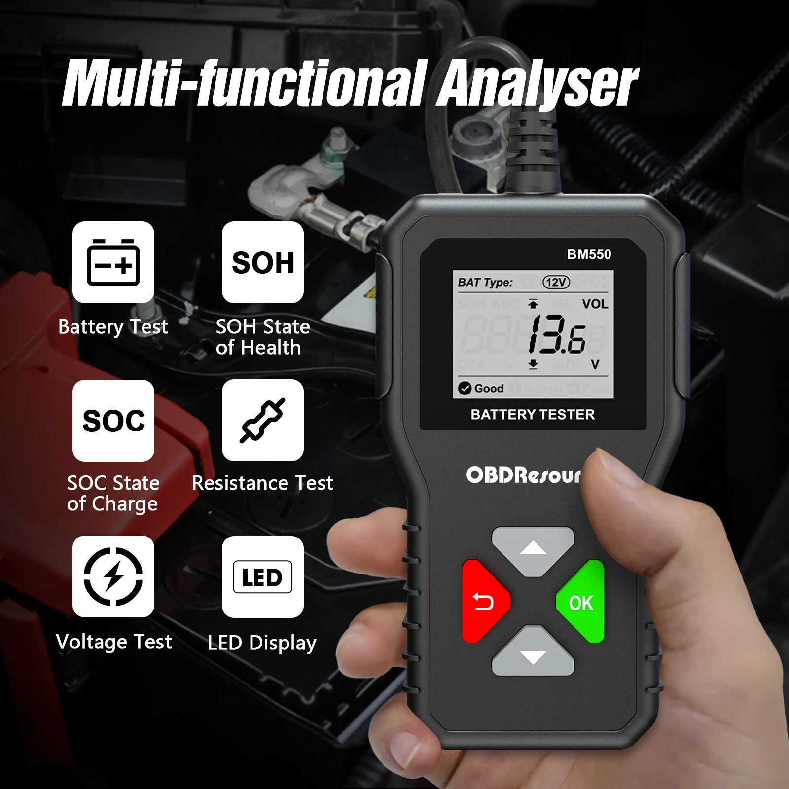 Car Battery System Detect 6V 12V 24V 100-2000 CCA Car Battery Tool BM550 Car Battery Tester Battery Analyzer for Auto Truck