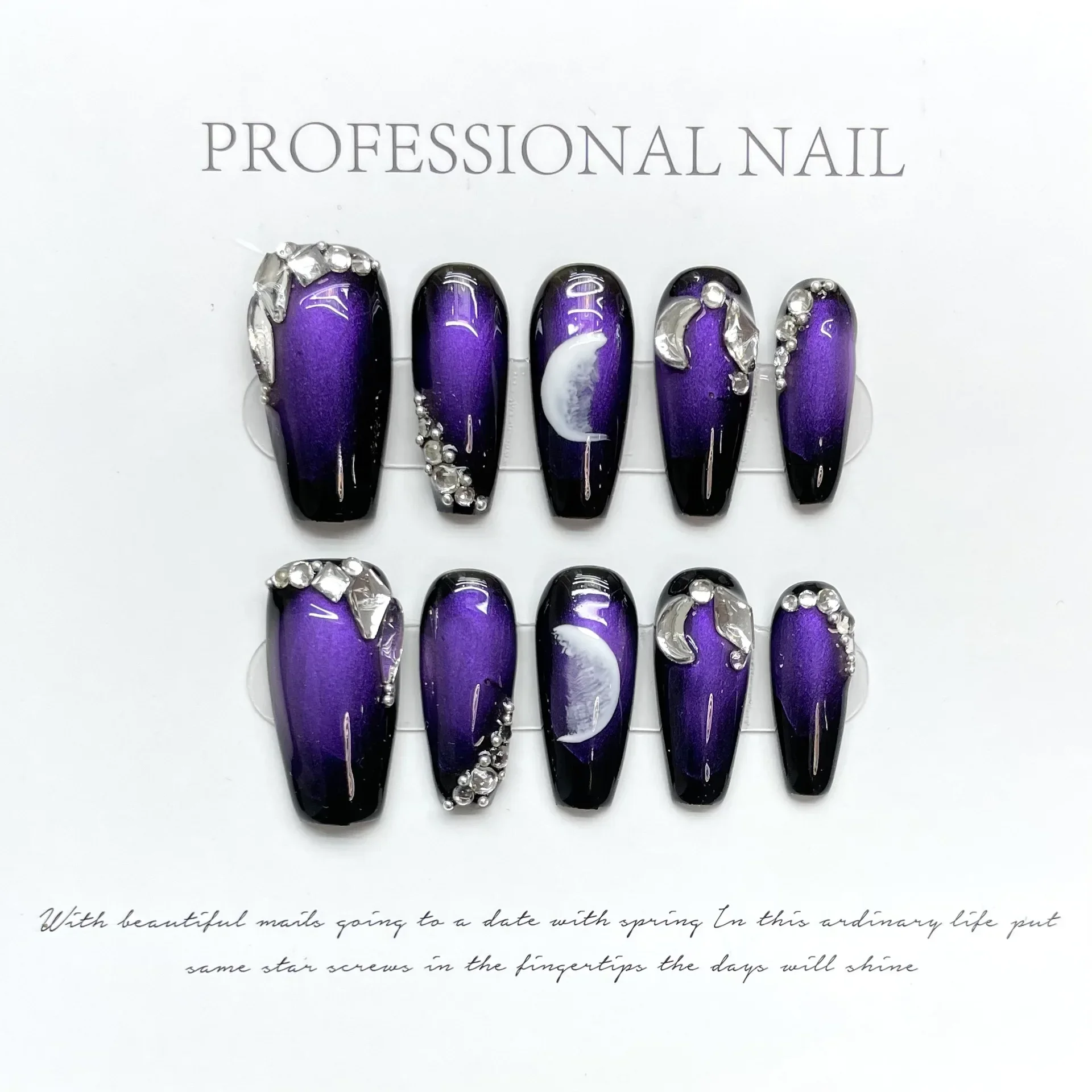 10pcs Handmade black purple Galaxy y2k  acrylic press on nails Removable false nails with moon diamond designs fake nails tips