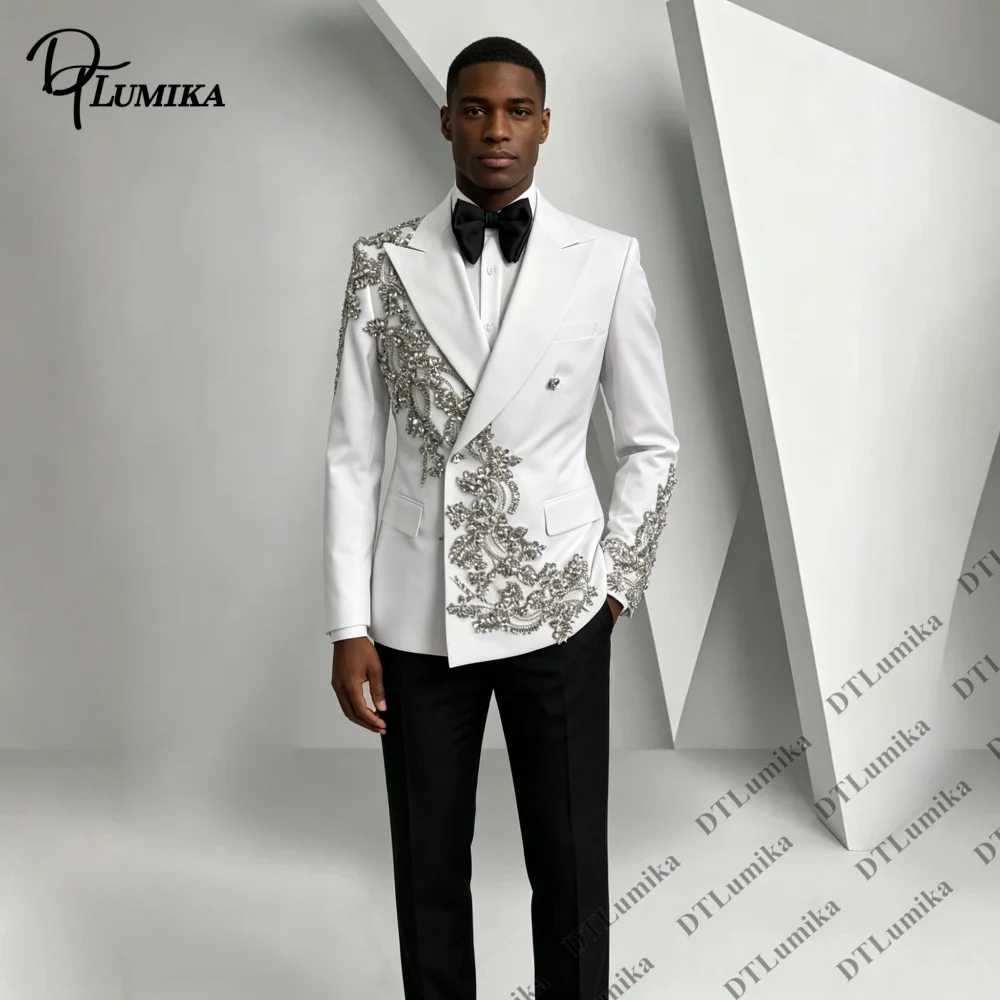 Haute Couture Men's Wedding Suit Two Piece Formal Bespoke Tuxedo Jacket Pants Crystals Appliques Made To Measure Suits Set