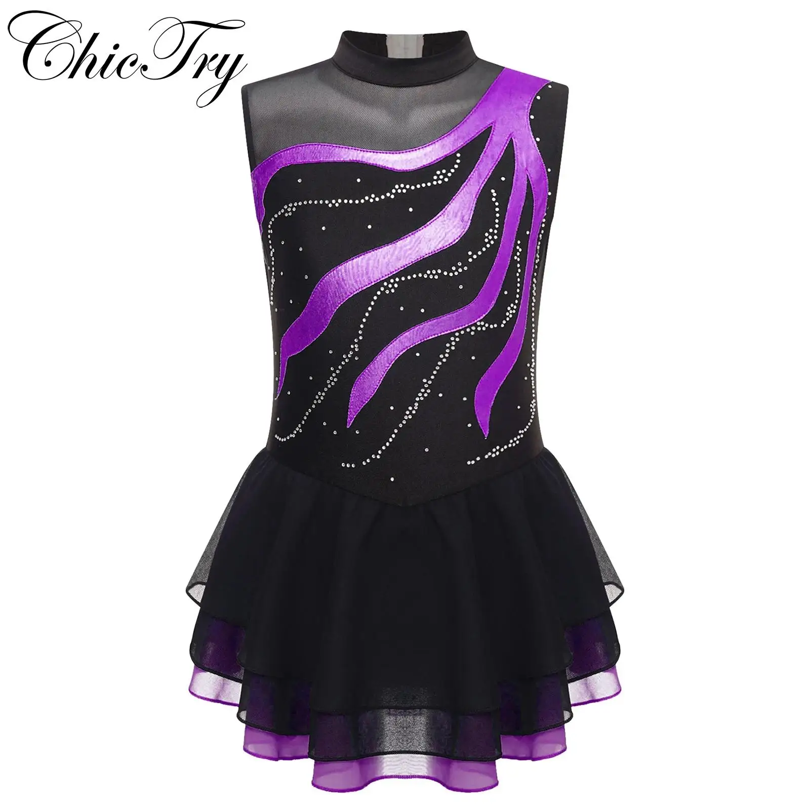 

Girls Figure Ice Skating Lyrical Dance Ballet Gymnastics Dress Sleeveless Leotard Tutu Stage Dance Performance Costume Dancewear