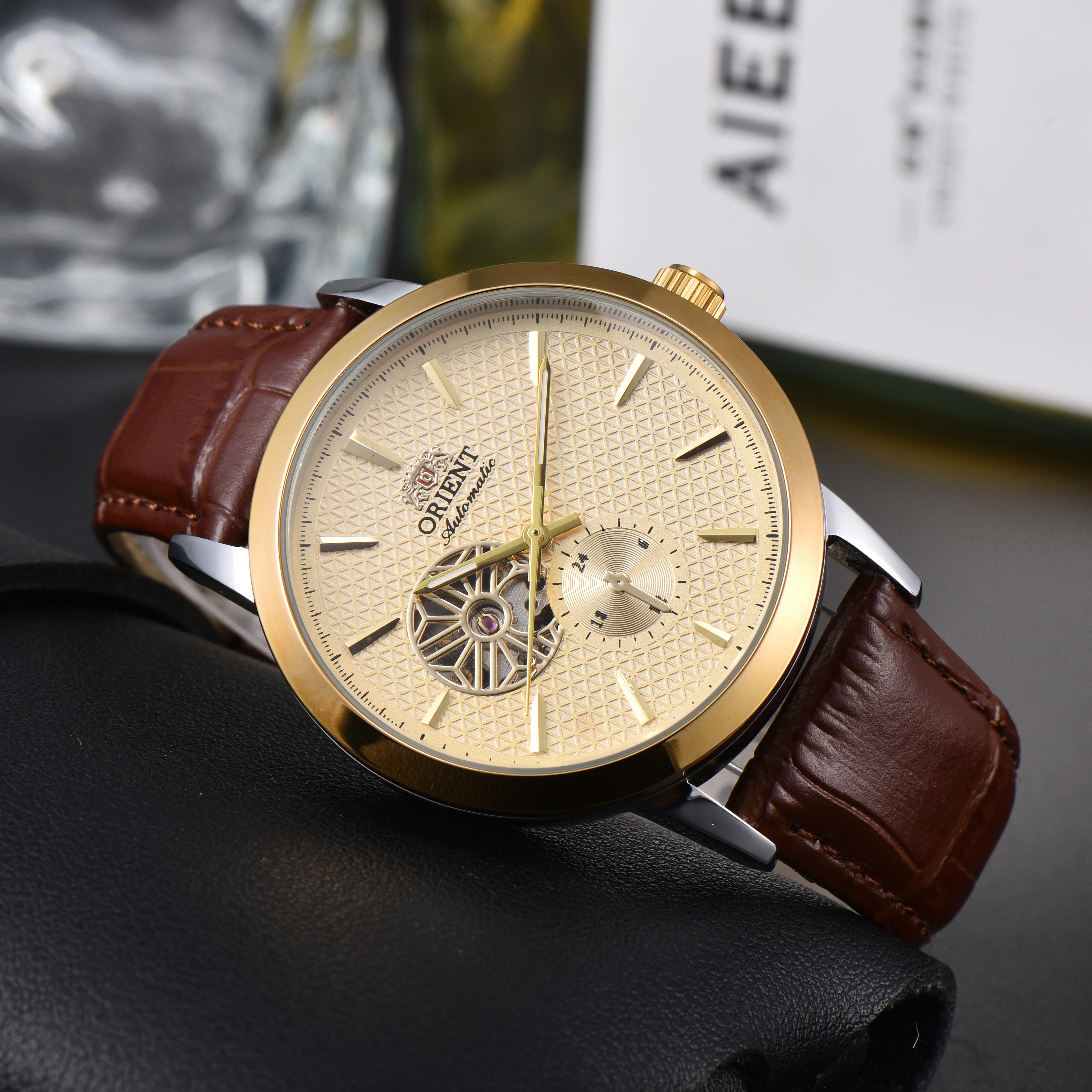

ORIENT Men's Auto Mechanical Watch Skeleton Dial Gold Case Brown Leather Strap Business Wristwatch Date Luxury Timepiece