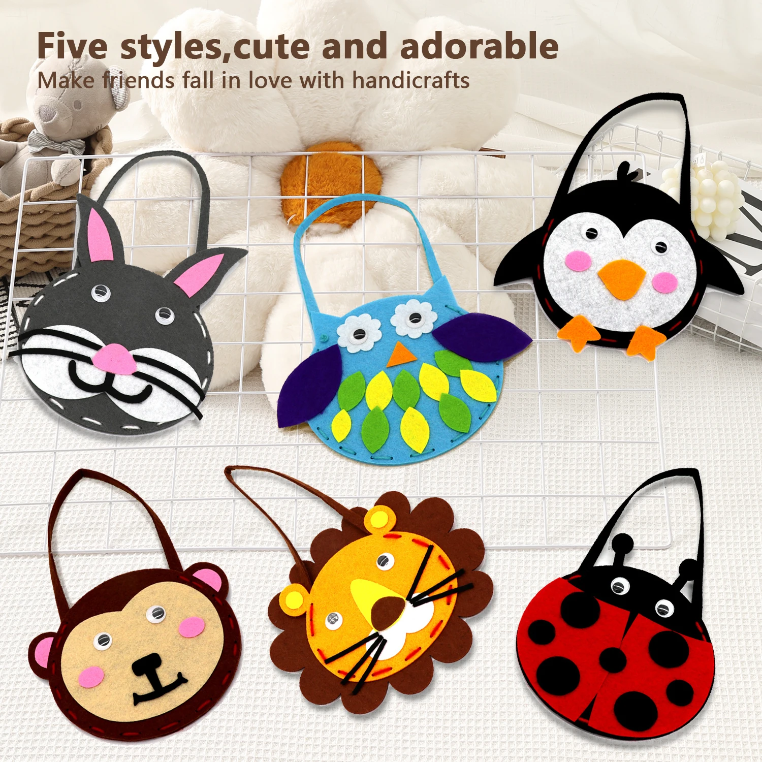 

6 pcs Children Cartoon Non-woven Handicraft Toys Kids Handmade Bag DIY Animal Flower Handbags Crafts Art Sewing Toy Craft