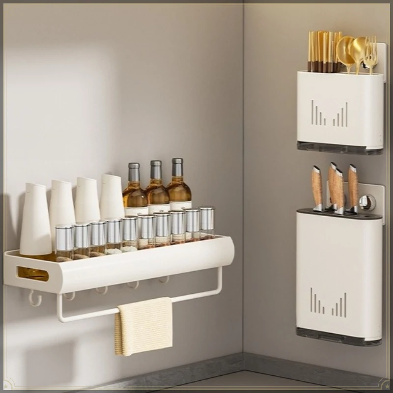 3Pcs Carbon Steel Kitchen Storage Rack Set Wall Mount Punch Free Kitchen Utensil Holder Space Saving Kitchen Organizer Must Have