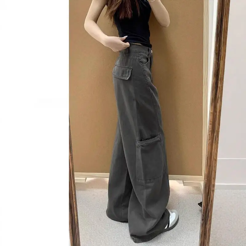 

Female Grey Cowboy Overalls Student Retro Leisure High Waist Straight-Leg Pants Spring Autumn Girl New Floor Pants Wholesale