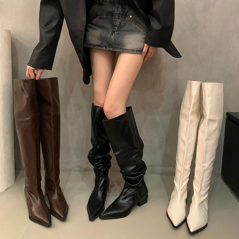 

Stretch Soft Leather Women Over the Knee High Boots Fashion Pointed Toe Shoes Autumn Winter Thick Heel Ladies Long Booties