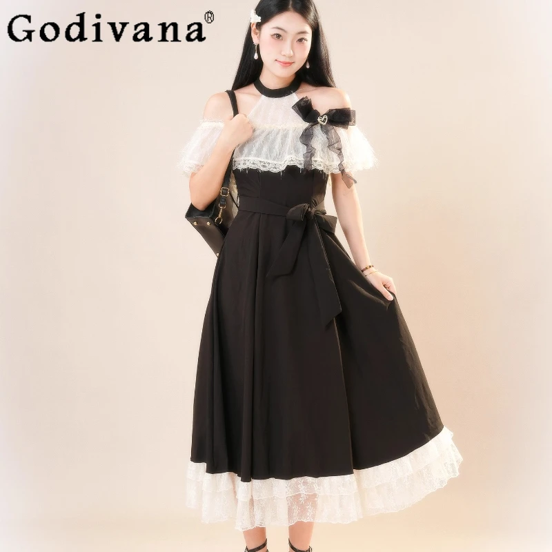 

Gentle Elegant Clear Princess Dress for Girls Lace Off Shoulder Japanese Style Dress Female Summer Bow High Waist Long Dress