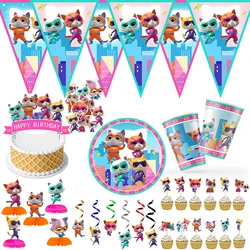 Kreskówka Disney Superkitties przyjęcie urodzinowe chrzest jednorazowe zastawy stołowe broszka spirala słomka papierowa przyjęcie Supplie udekorować opakowanie