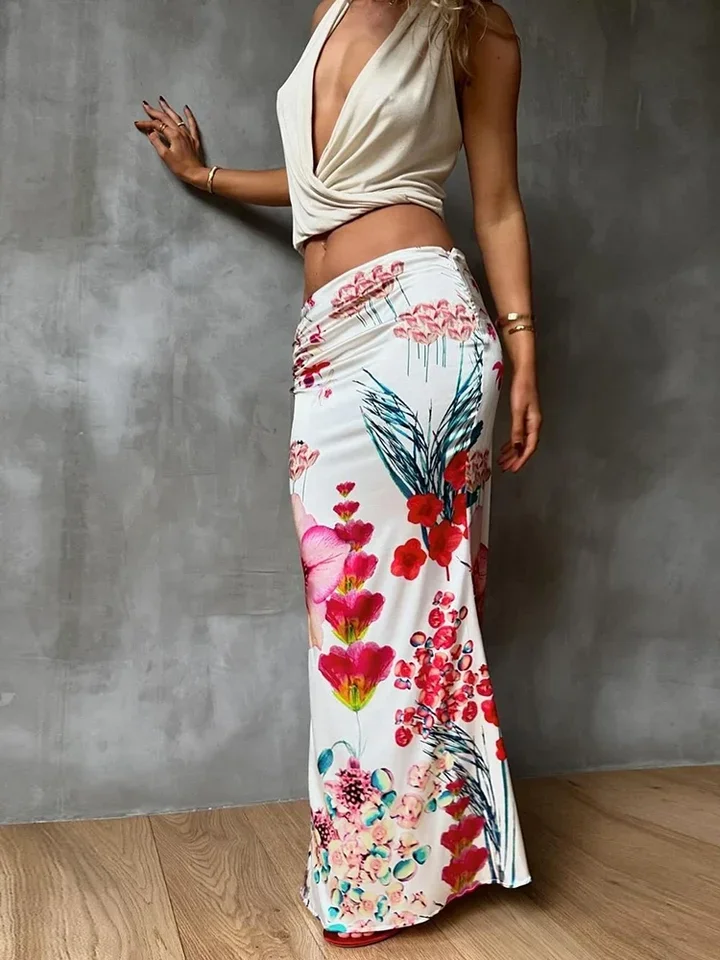 Colorful Print Skirts Women 2025 New Trend Ruched Peach Casual Simple Bottoms Summer Fashion Stretch Streetwear