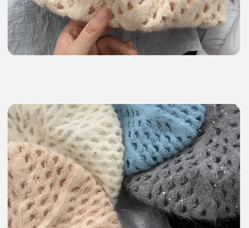 Koreanischer Stil, einfarbige, einfache Strickmütze für Damen, warme, hohle, vielseitige Malermütze für Mädchen für Herbst und Winter. – Detail 8