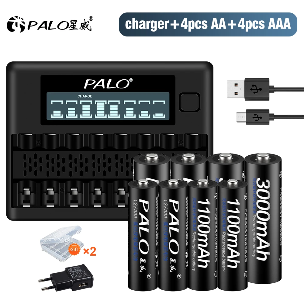 PALO 1.2V AA +AAA Rechargeable Battery 3000mAh AA LR6 Batteries 1100mAh LR3 AAA Battery+8 Slots 1.2 V AA AAA Battery Charger