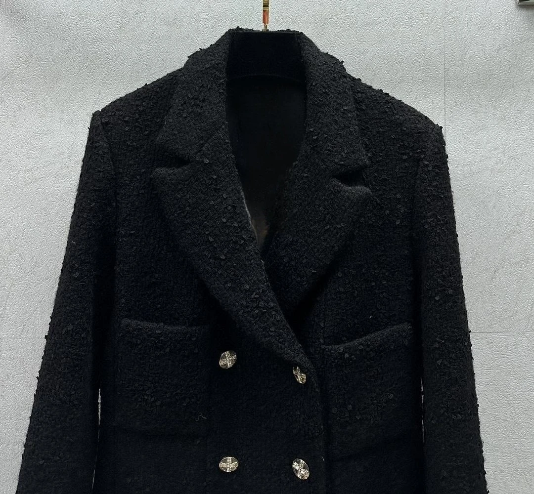 Brand New 2023 Autumn Winter Fashion Women High Quality Wool-blend Double-breasted Black Tweed Coat Pockets Blazers Jackets C579