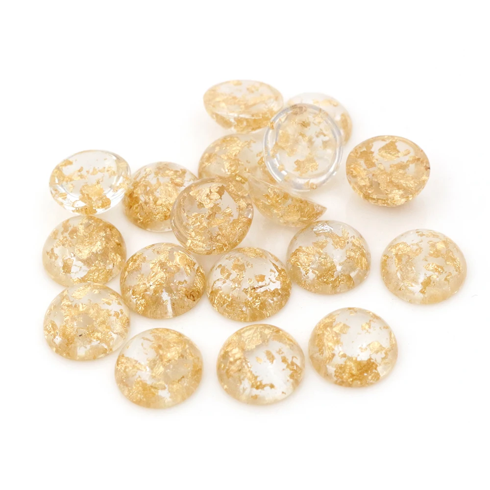 New Fashion 40pcs 8mm 10mm 12mm Transparent Built-in Metal Gold Color Foil Flat Back Resin Cabochons For Diy Jewelry Supplies