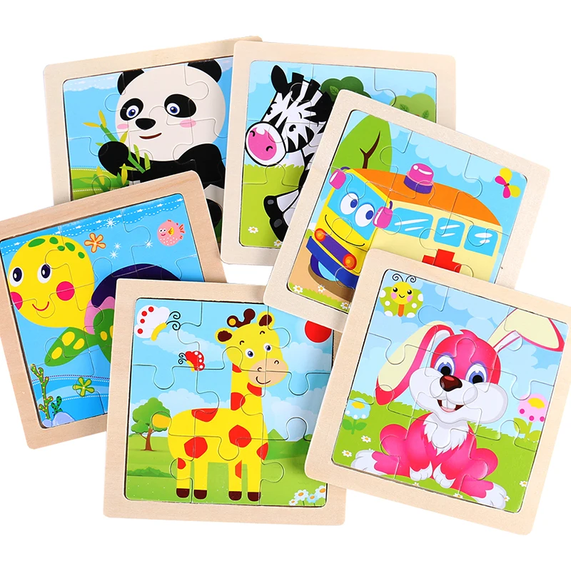 11cm/4.33in Wooden Jigsaw Puzzle Cartoon Animal Traffic Car Wood Puzzles for Kids Montessori Games Children Educational Toys