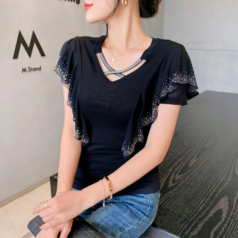 

#5312 Summer Mesh T Shirt Women V-neck Ruffles Diamonds Tight Sexy Elastic Short Sleeve T Shirt Korean Fashion Black Blue Purple